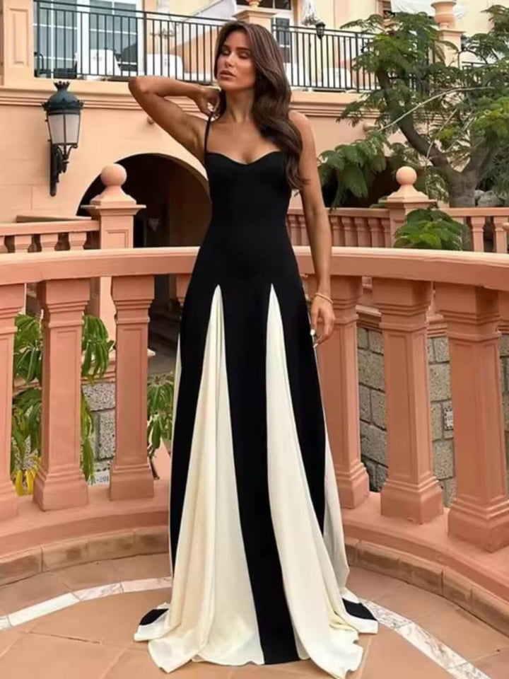 Elegant Black White Sleeveless Patchwork Maxi Dresses