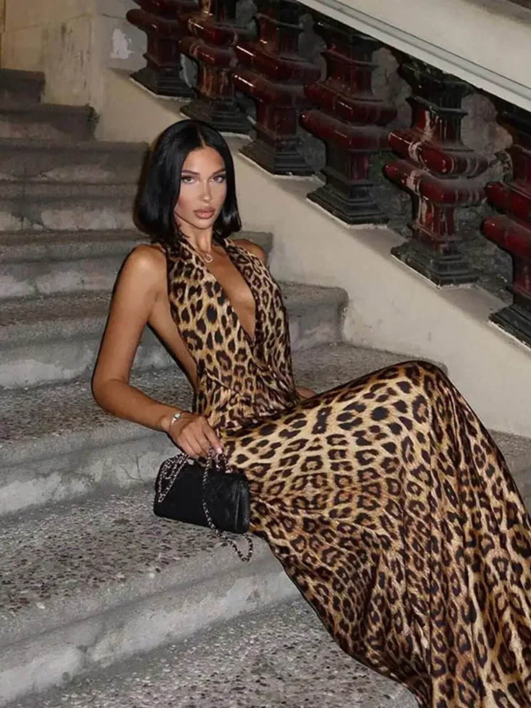Elegant Leopard Print Lace-up Halter Deep V-Neck Slim Long Dress