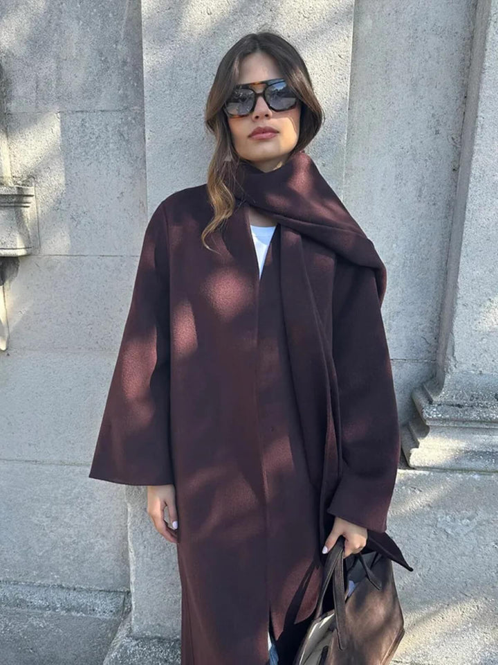 Elegant Scarf Collar Lace-Up Design And Loose Fit Long Coat