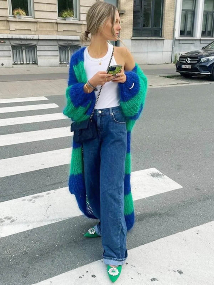 Fashion Oversized Long Stripe Lantern Sleeve Cardigan