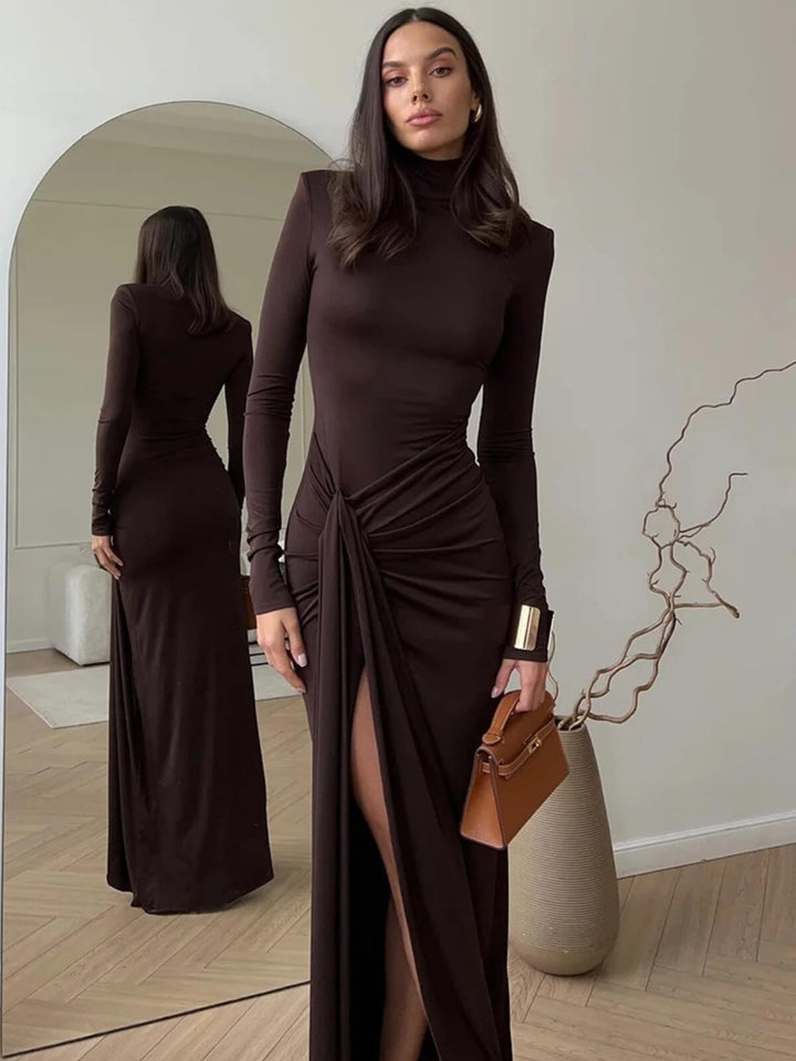 Fashionable Long Sleeve Turtleneck Thigh High Split Sexy Long Maxi Dress