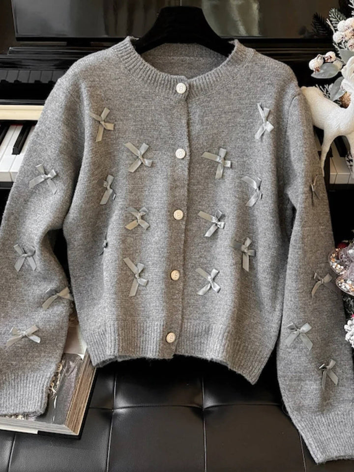 Beautiful Bows O-Neck Cropped Knitted Cardigan