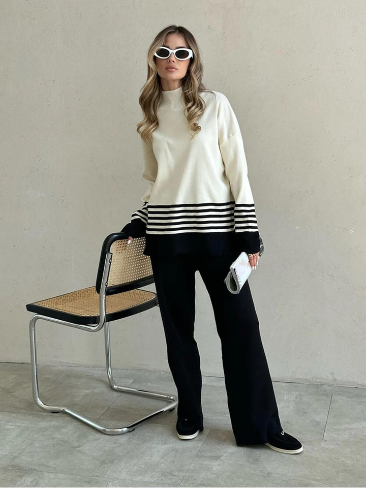 Casual Two-Piece Knitted Suit Striped Sweater Matching Knit Pants Set