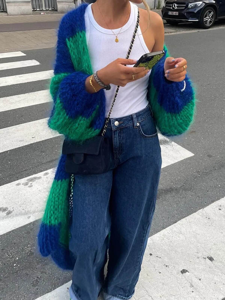 Fashion Oversized Long Stripe Lantern Sleeve Cardigan