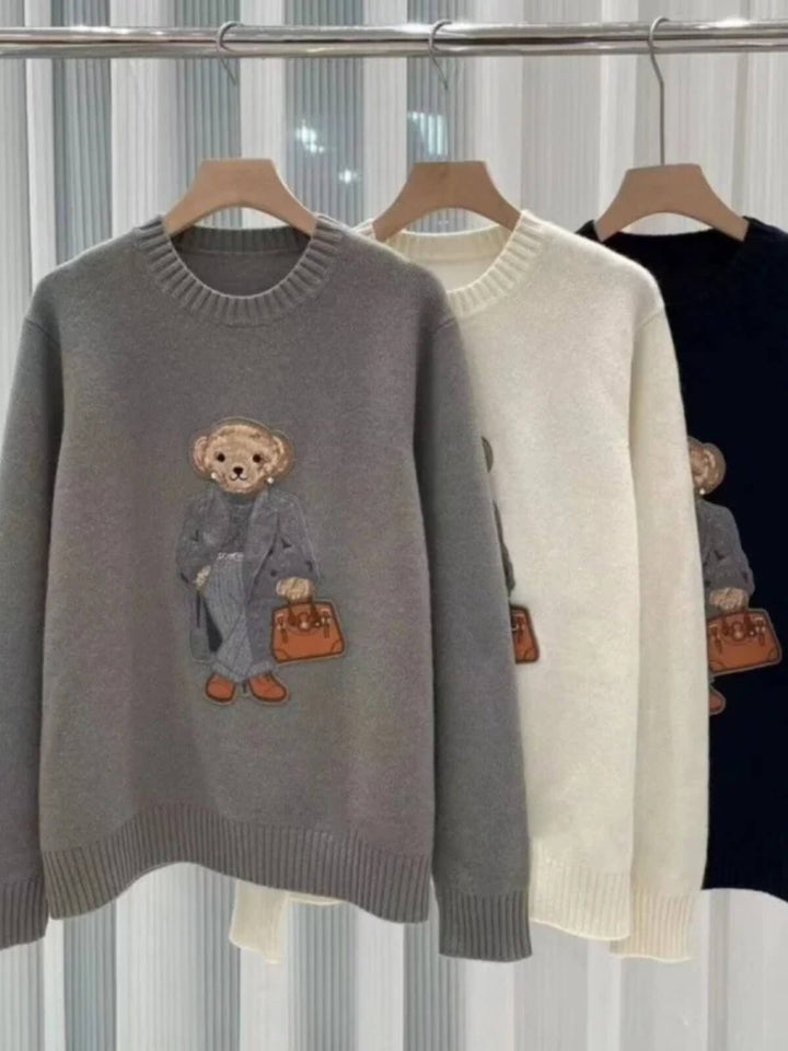 Women's Pullover Loose Fit O-Neck Bear Sweater