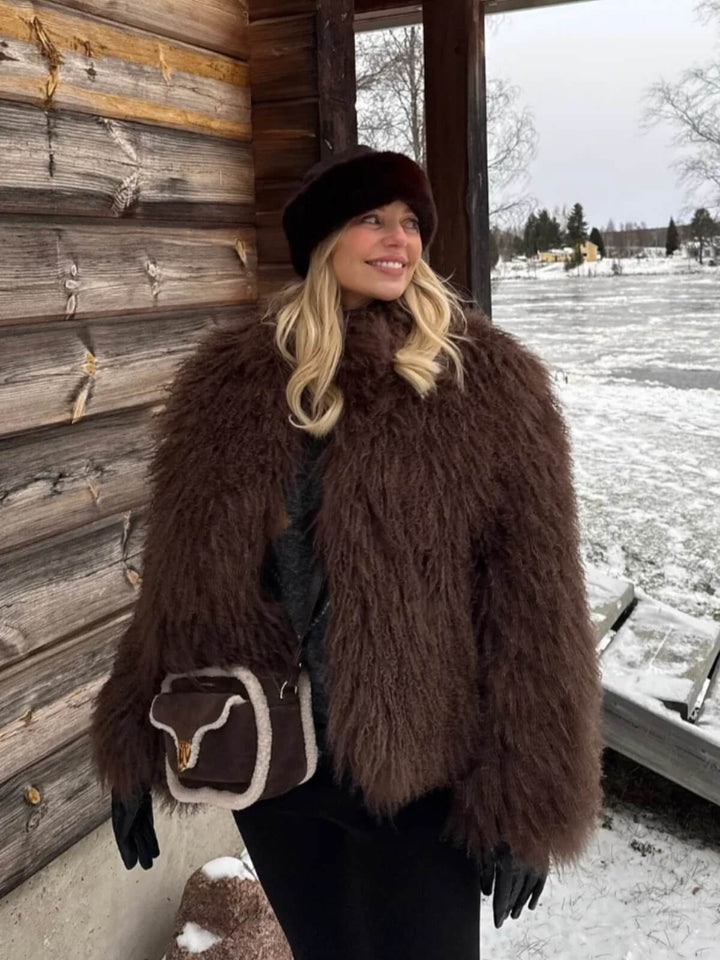 Luxury Fluffy Lapel Collar Long Sleeves Coat