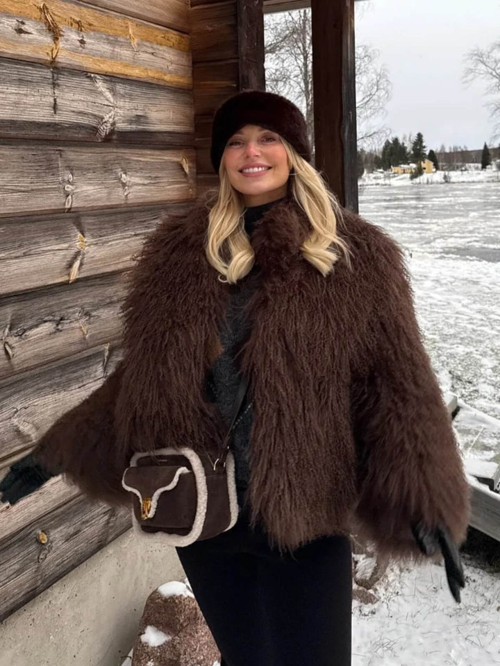 Luxury Fluffy Lapel Collar Long Sleeves Coat