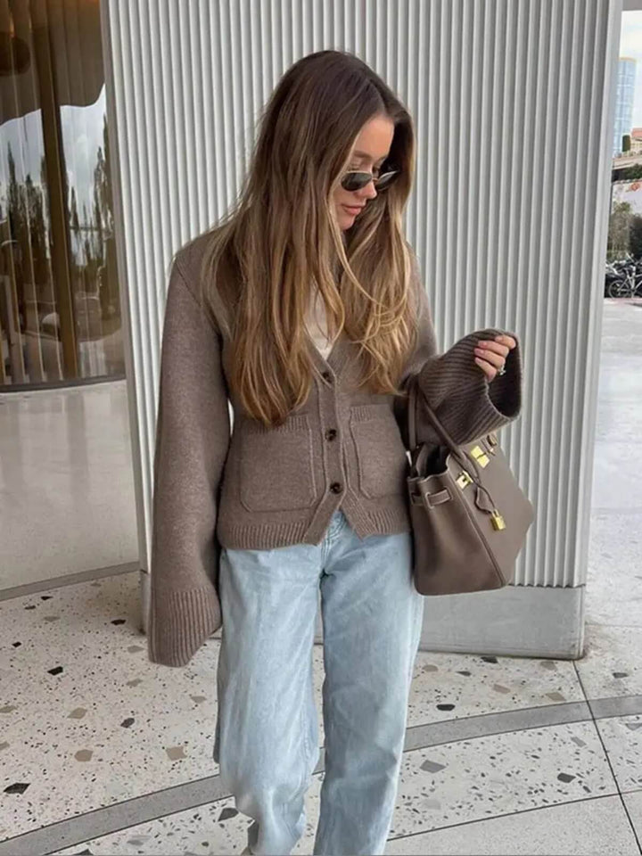 Women's V-neck Long Sleeves With Pocket Slim Metal Buttons Cardigan