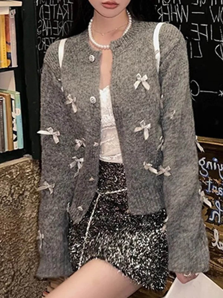 Beautiful Bows O-Neck Cropped Knitted Cardigan