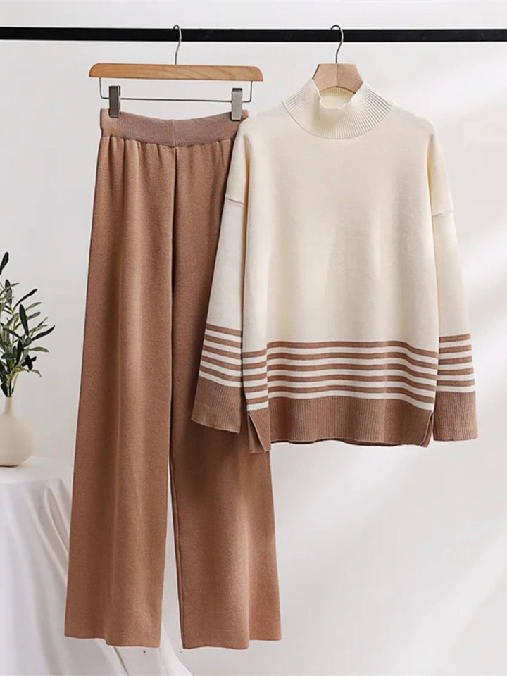 Casual Two-Piece Knitted Suit Striped Sweater Matching Knit Pants Set