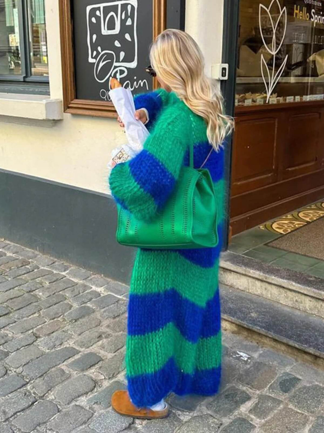 Fashion Oversized Long Stripe Lantern Sleeve Cardigan