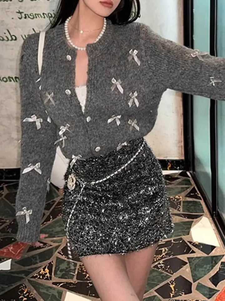 Beautiful Bows O-Neck Cropped Knitted Cardigan