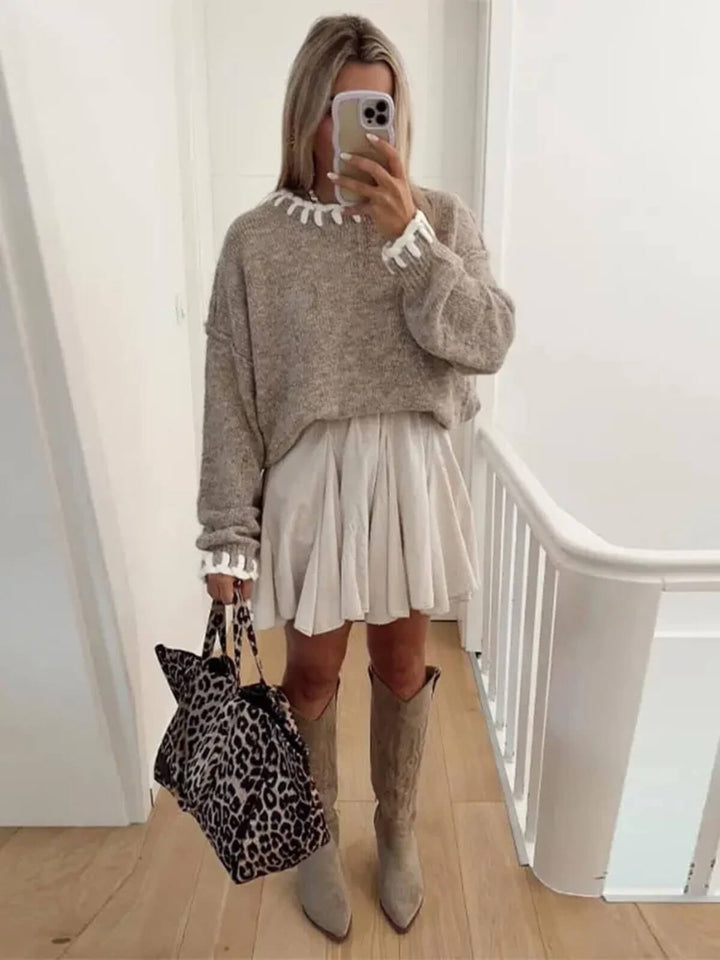 Casual Round Neck Long Sleeve Colour Contrast Quilted Sweaters