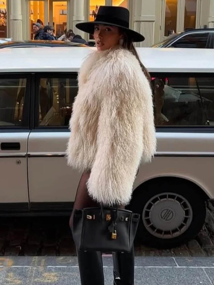 Luxury Fluffy Lapel Collar Long Sleeves Coat