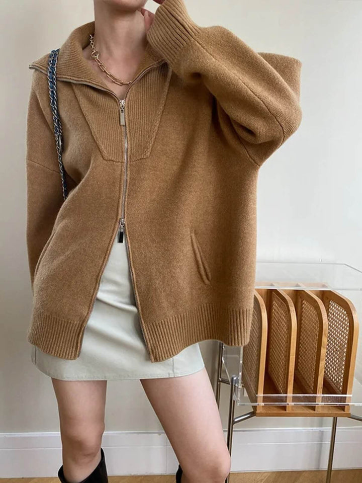 Oversized Double Zipper Fit Loose Polo's Collared Cardigan