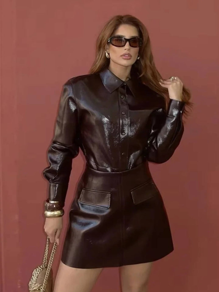 Retro Slim-Fit Lapel Single-Breasted Jacket Suit & Mini Skirt Set