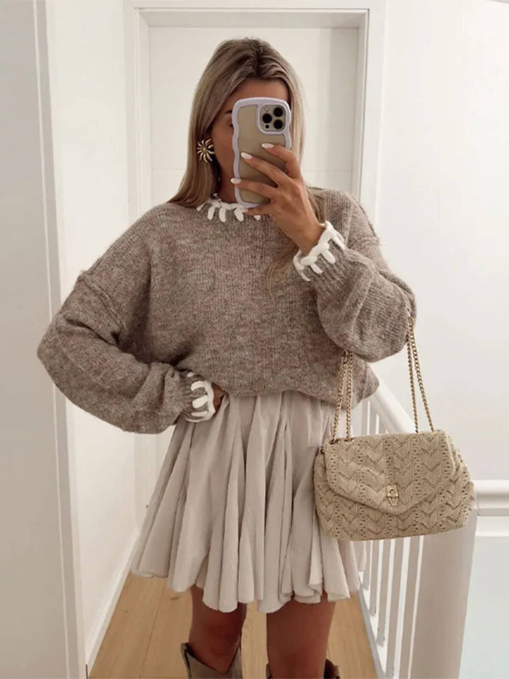 Casual Round Neck Long Sleeve Colour Contrast Quilted Sweaters