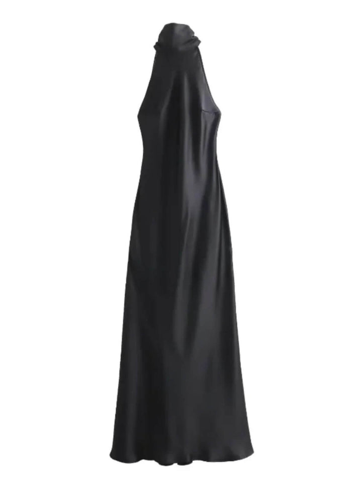 Elegant Satin Halter Lace Up Off Shoulder Backless Sleeveless Long Dress