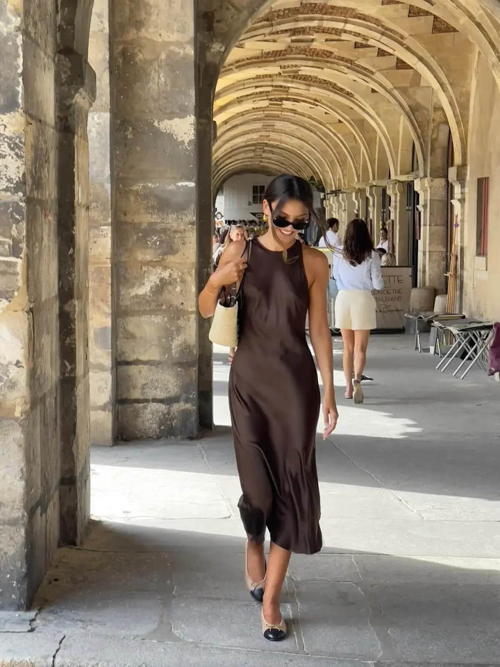 Elegant Solid Satin Fit Sleeveless Maxi Dress