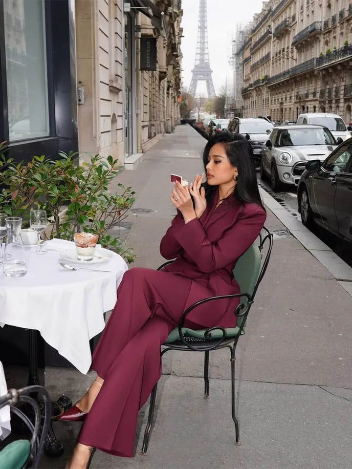 Retro Flip Collar Long Sleeve High-Waist Suit Set