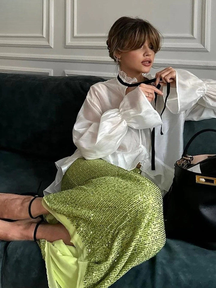 Sexy Ruffle Collar & Sheer Long Sleeves Blouse