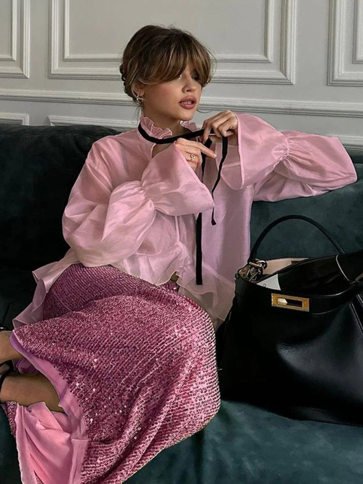 Sexy Ruffle Collar & Sheer Long Sleeves Blouse