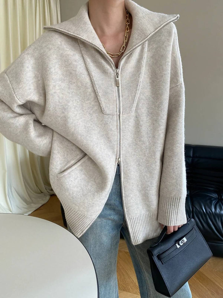 Oversized Double Zipper Fit Loose Polo's Collared Cardigan