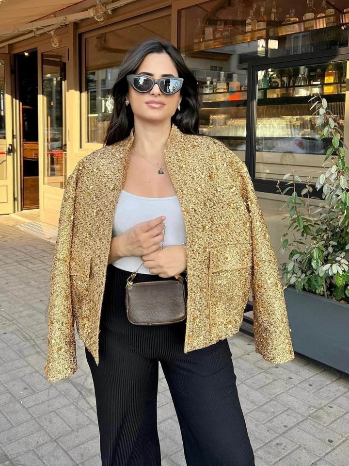 Women's Sequined O-Neck Long Sleeves Bomber Jacket