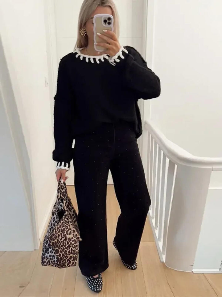 Casual Round Neck Long Sleeve Colour Contrast Quilted Sweaters