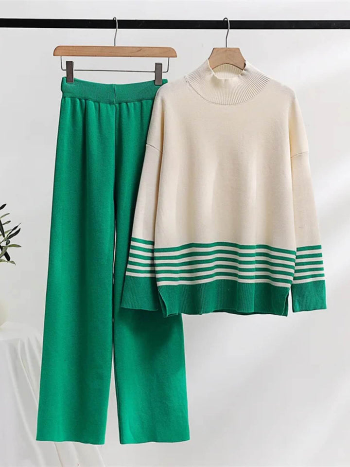 Casual Two-Piece Knitted Suit Striped Sweater Matching Knit Pants Set