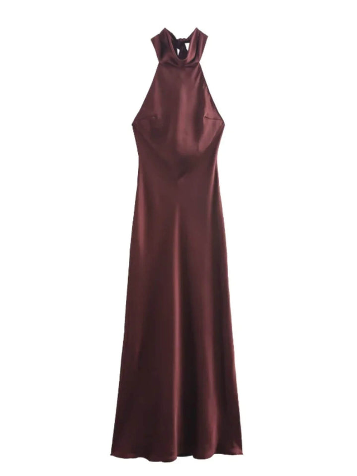 Elegant Satin Halter Lace Up Off Shoulder Backless Sleeveless Long Dress