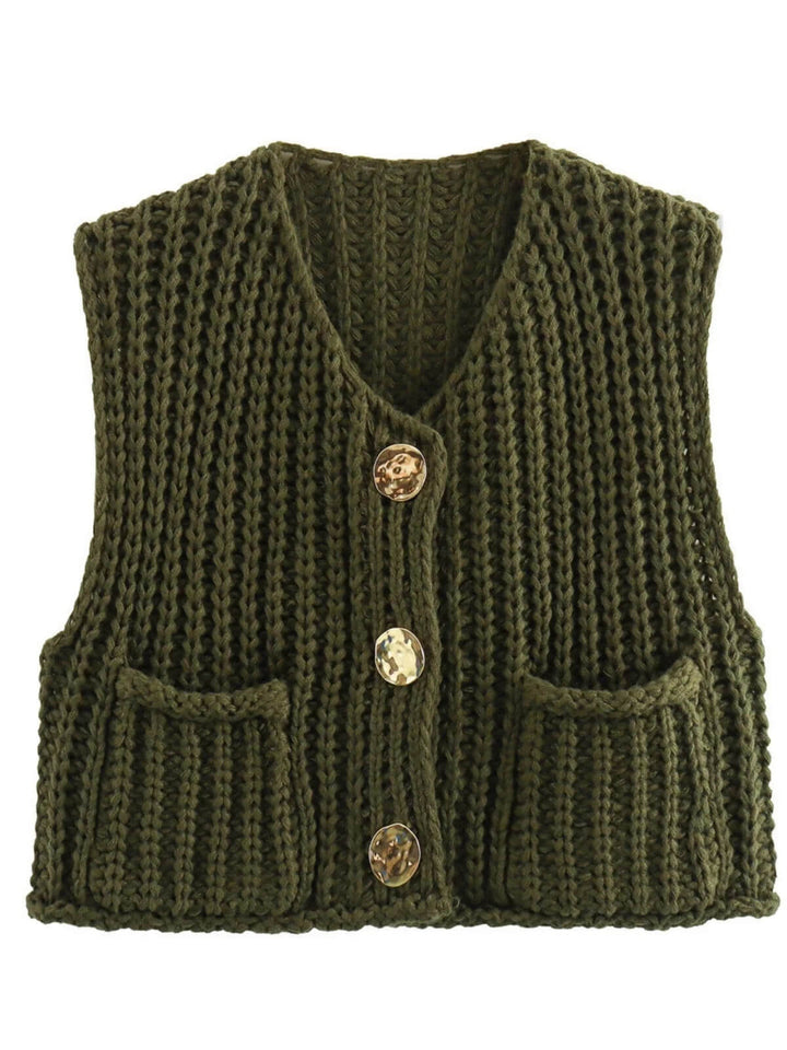 Fashionable V-Neck Button Up Front Pockets Sleeveless Vest