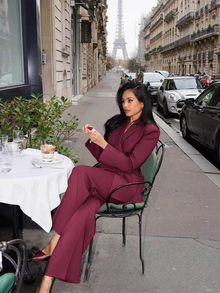 Retro Flip Collar Long Sleeve High-Waist Suit Set
