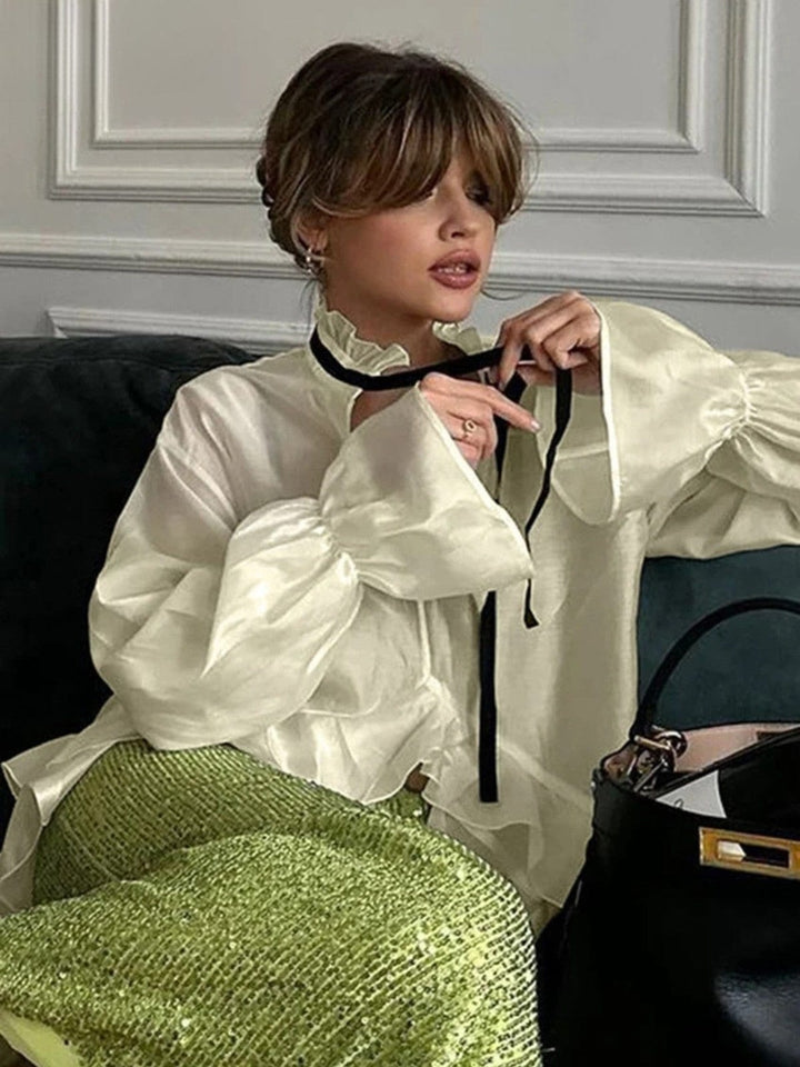 Sexy Ruffle Collar & Sheer Long Sleeves Blouse