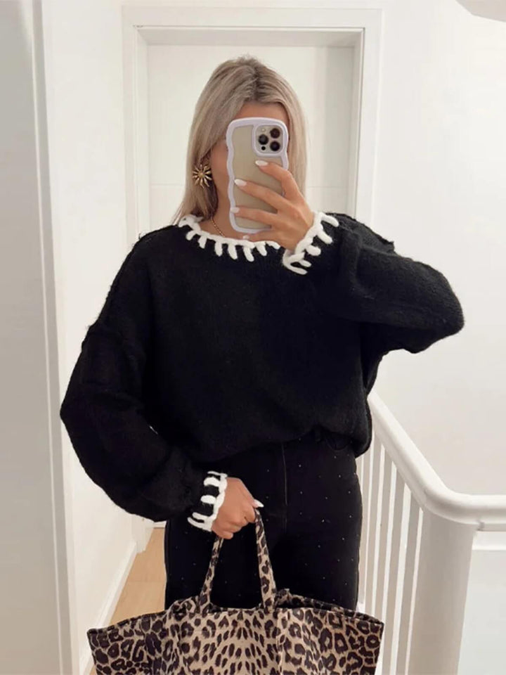 Casual Round Neck Long Sleeve Colour Contrast Quilted Sweaters