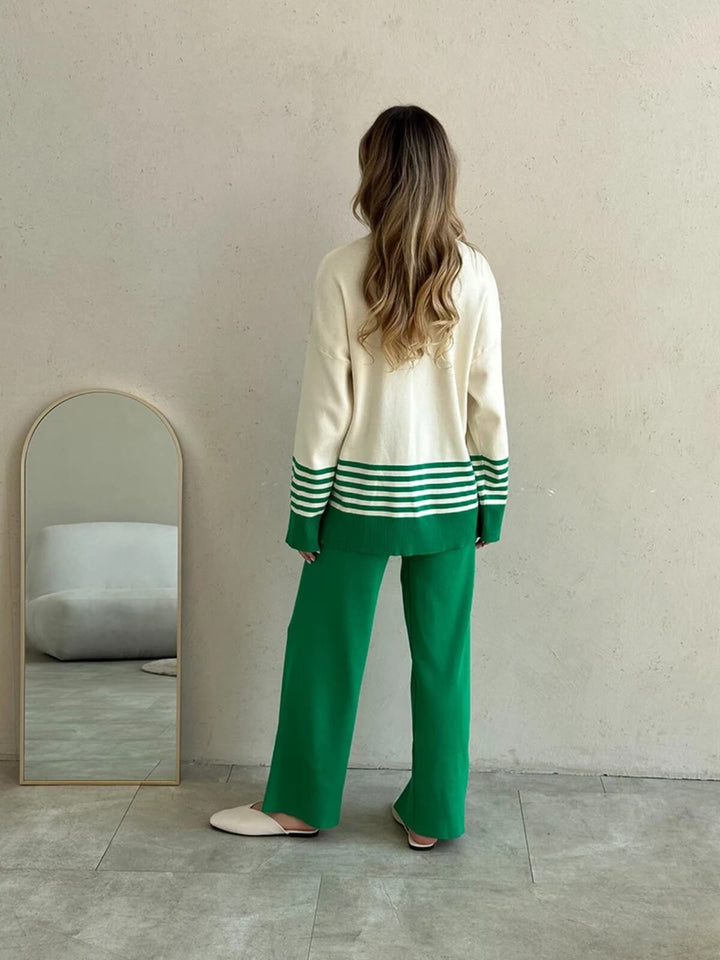 Casual Two-Piece Knitted Suit Striped Sweater Matching Knit Pants Set