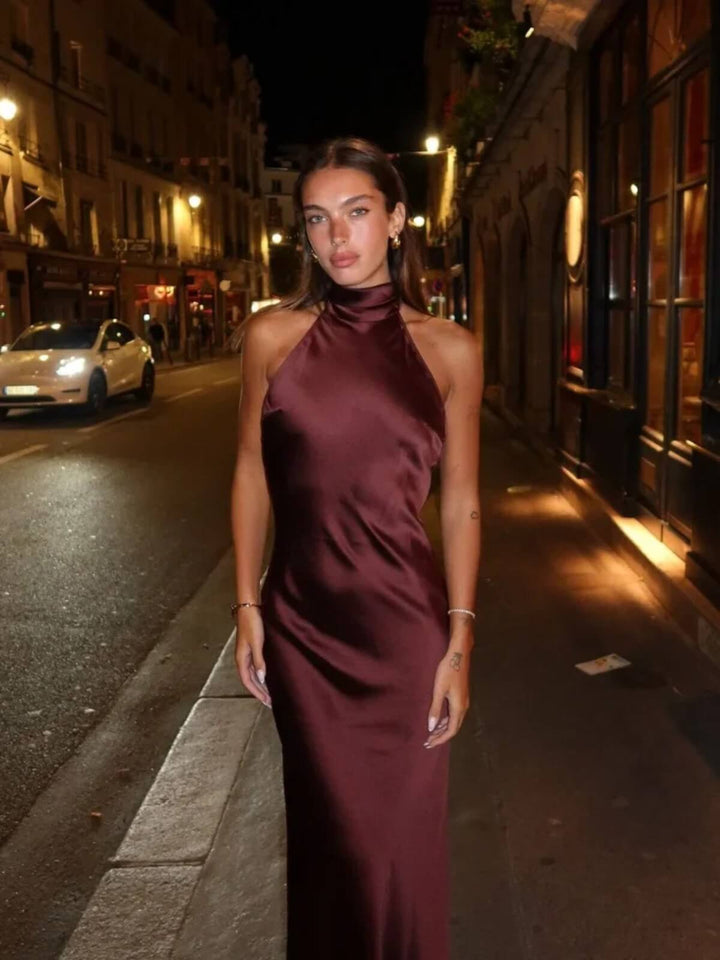 Elegant Satin Halter Lace Up Off Shoulder Backless Sleeveless Long Dress