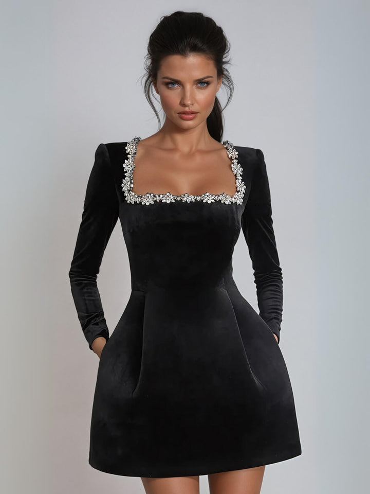 Embellished Velvet Mini Dress