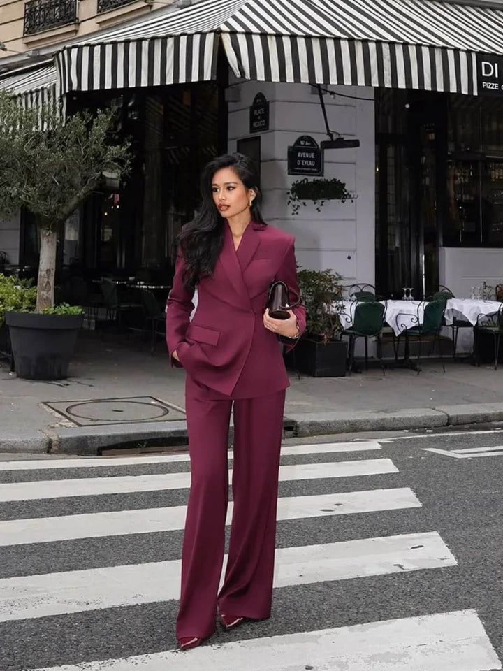 Retro Flip Collar Long Sleeve High-Waist Suit Set