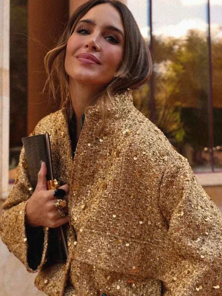 Women's Sequined O-Neck Long Sleeves Bomber Jacket