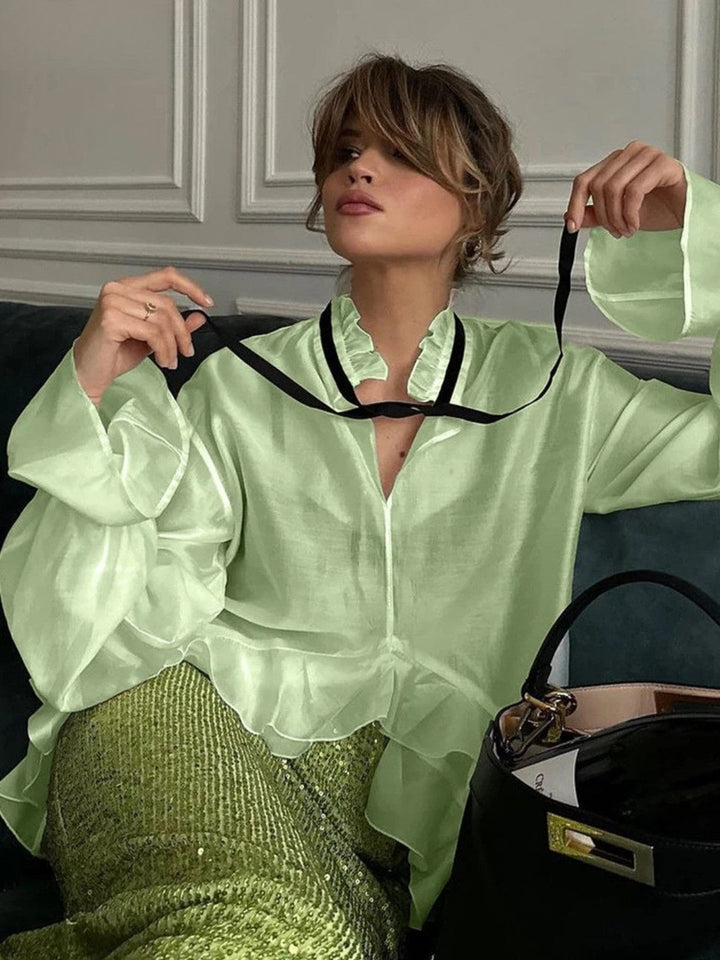 Sexy Ruffle Collar & Sheer Long Sleeves Blouse