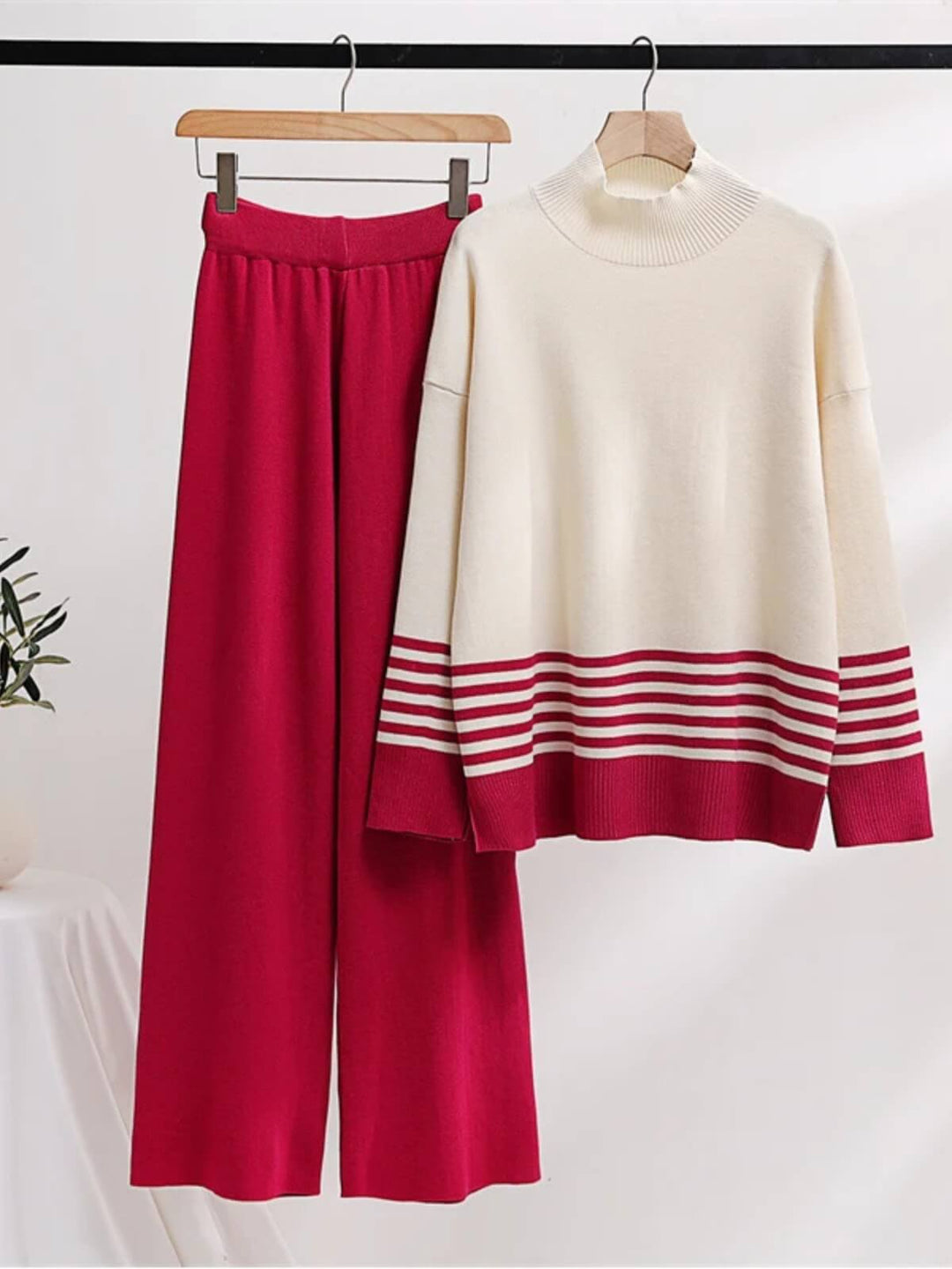 Casual Two-Piece Knitted Suit Striped Sweater Matching Knit Pants Set