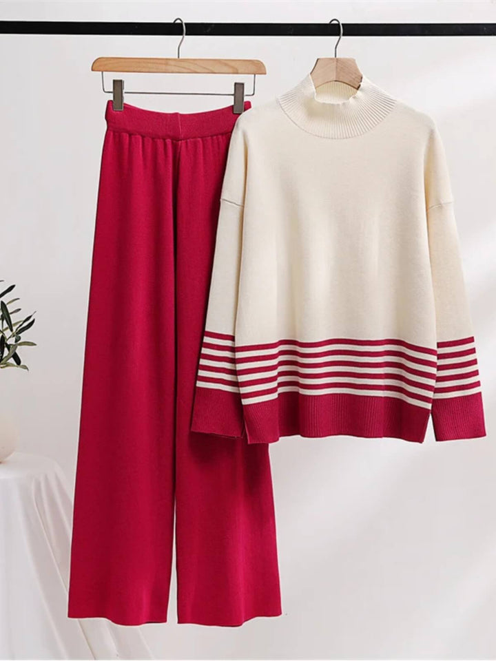 Casual Two-Piece Knitted Suit Striped Sweater Matching Knit Pants Set