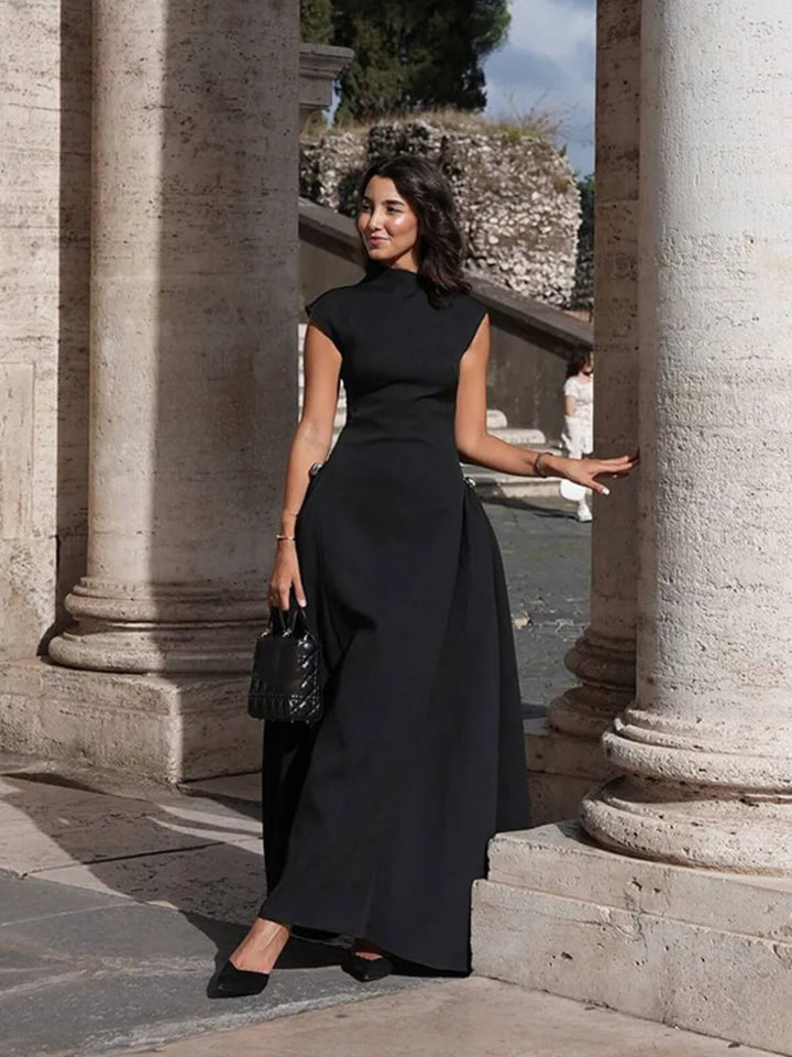 Elegant Collar Pleated A-Line Sleeveless Long Dress