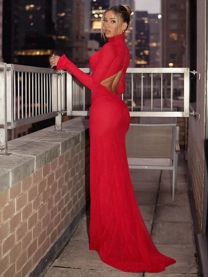 Elegant Solid Hollow-Out Turtleneck Long Sleeves Slim Dress