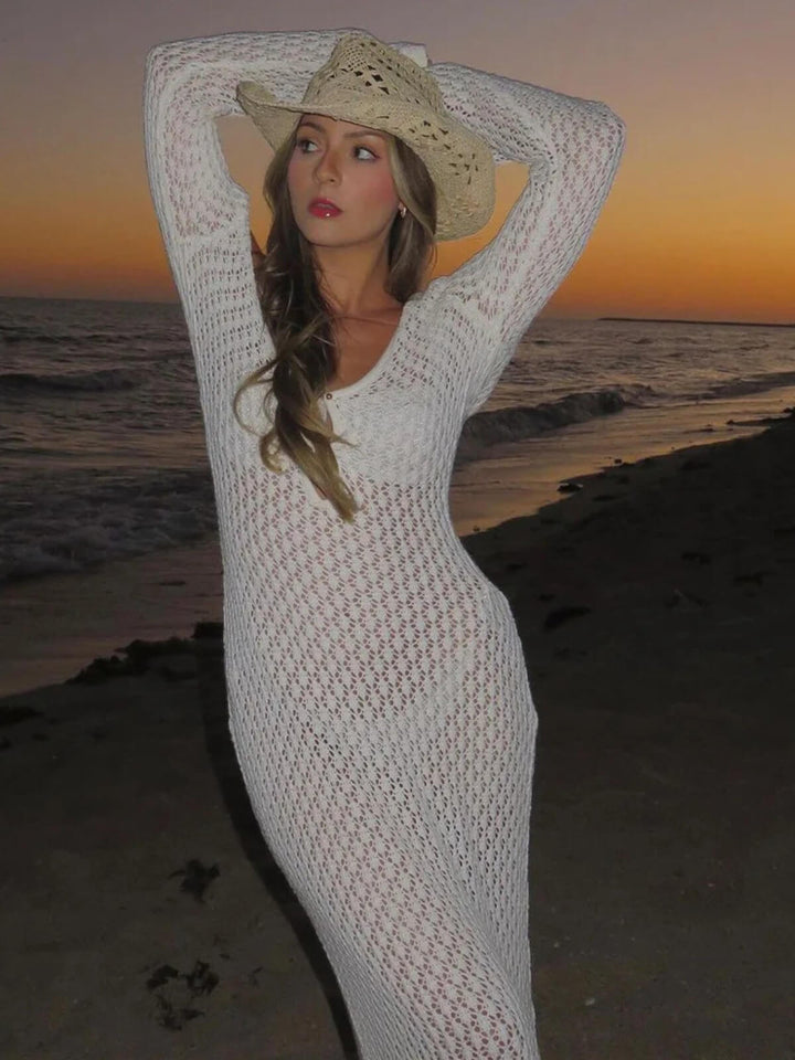 Women's Long Sleeve See-Through Deep V-Neck Hollow-Out Backless Beach Dress