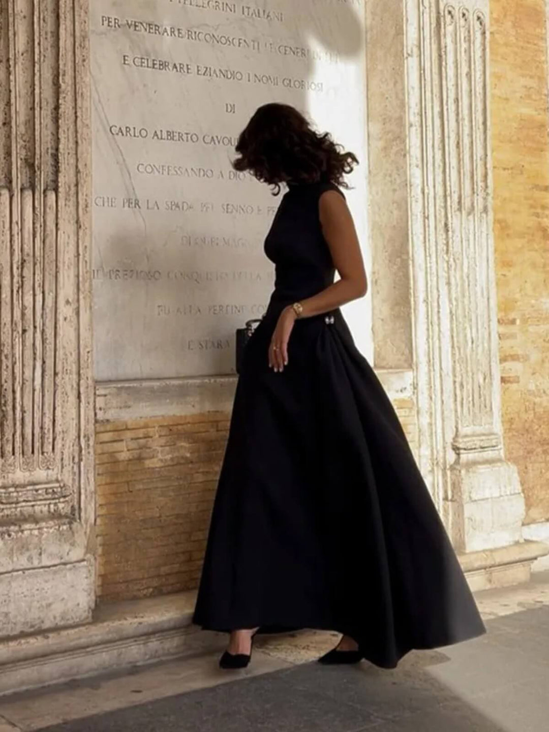 Elegant Collar Pleated A-Line Sleeveless Long Dress