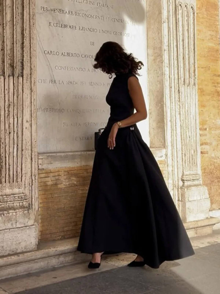 Elegant Collar Pleated A-Line Sleeveless Long Dress
