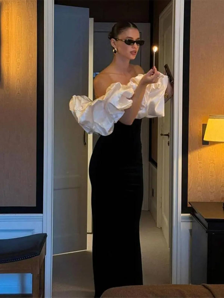 Elegant Pleated Patchwork Off Shoulder Backless Sleeveless Slim Long Dress