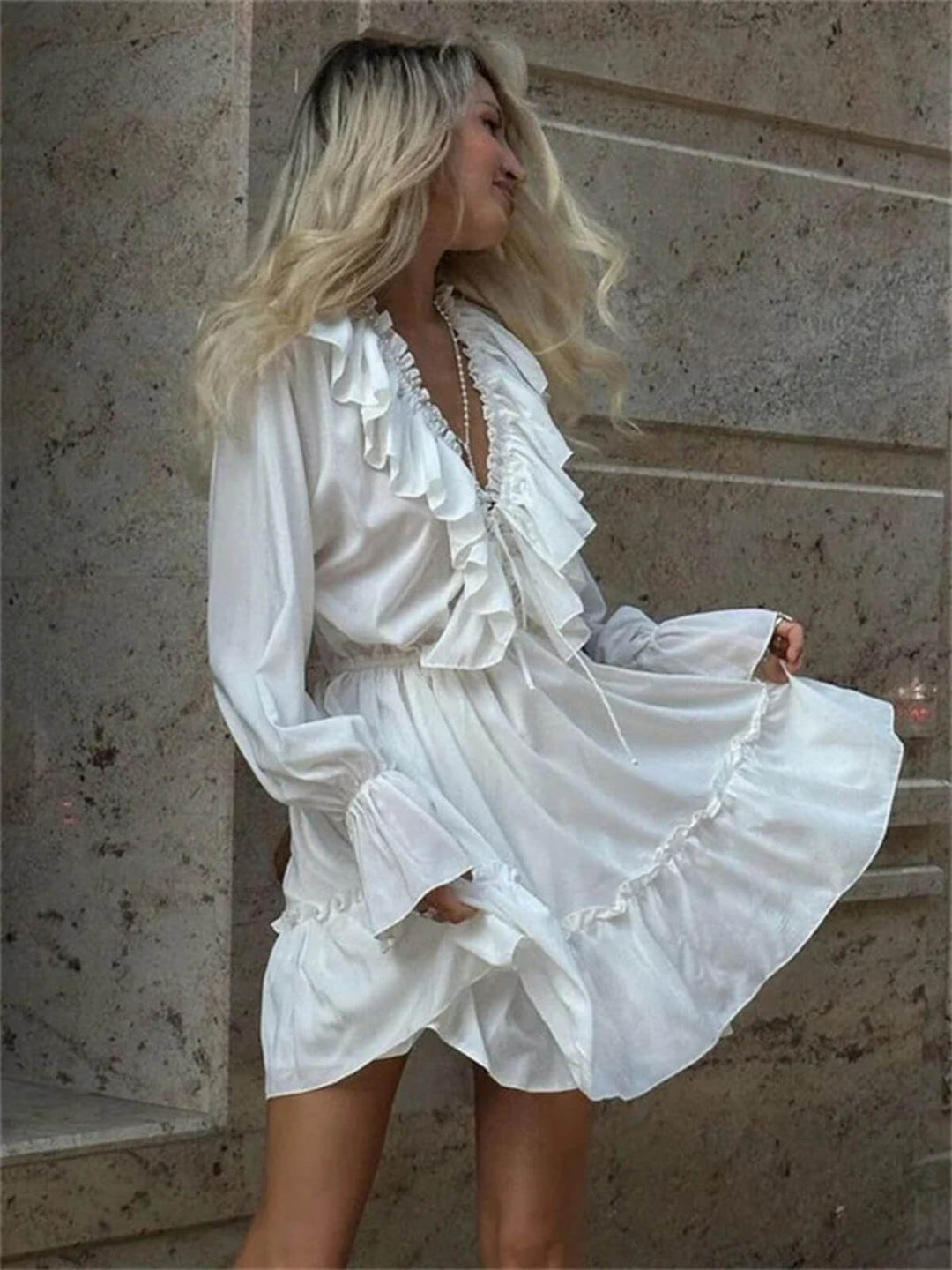 Women's Patchwork Ruffled V-Neck Mini Dress With Lace-Up Detail
